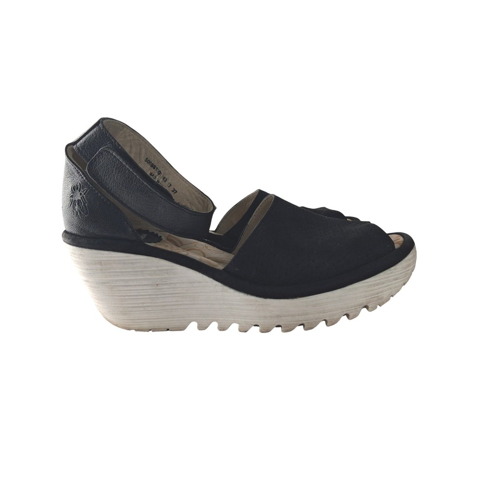 Fly London Yala Black Leather Perforated Wedge Sandals Womens Size 37 EU